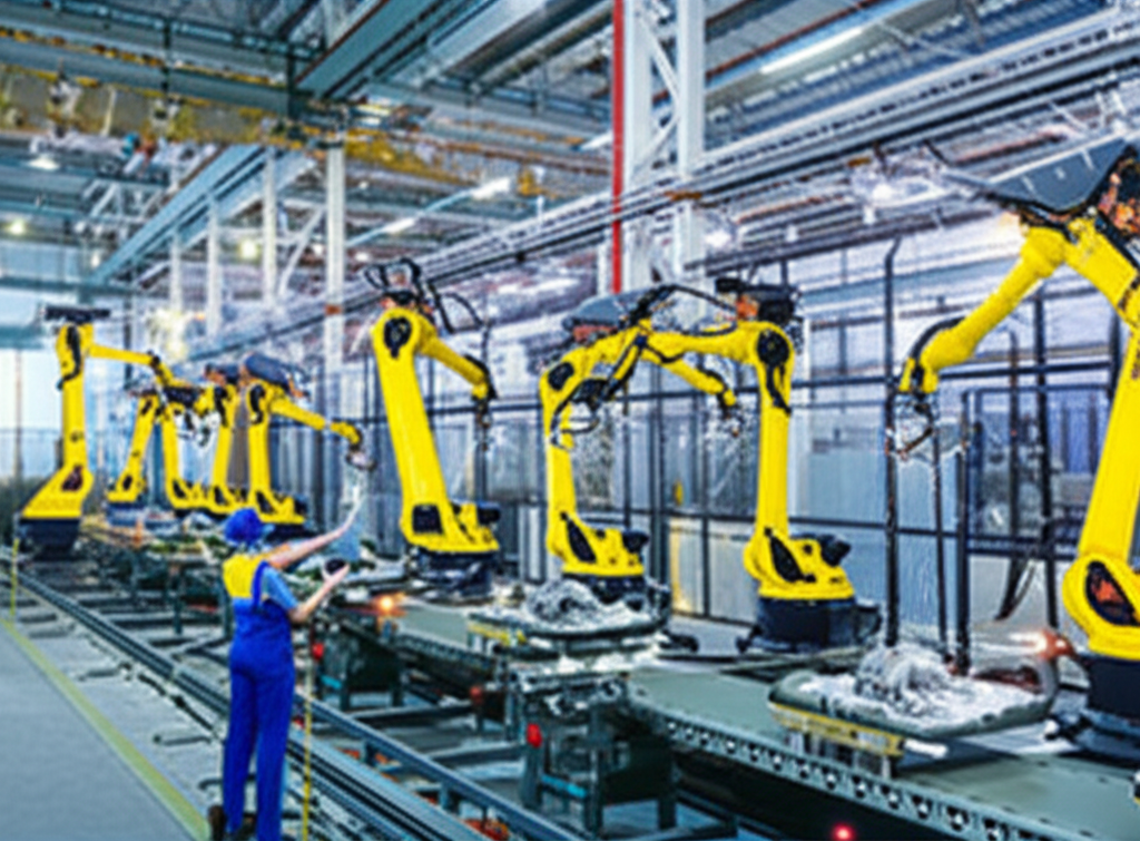 İnsanların yanında çalışan robotların olduğu bir fabrika montaj hattı