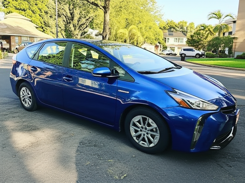 Fuel-efficient car parked in a residential area.