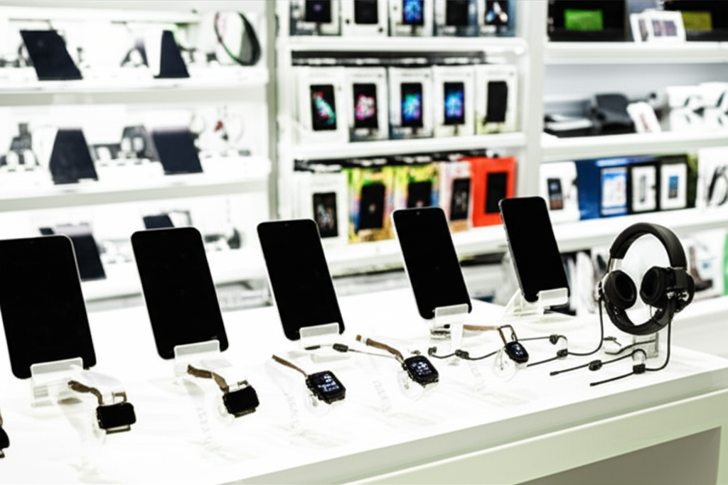 Mağazada çeşitli elektronik ürünlerin yüksek kaliteli fotoğrafı.