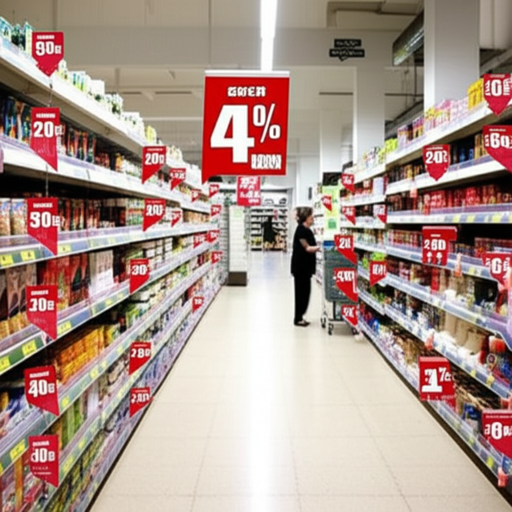 İndirimli çeşitli ürünlerin bulunduğu bir süpermarket koridorunun canlı bir görüntüsü.