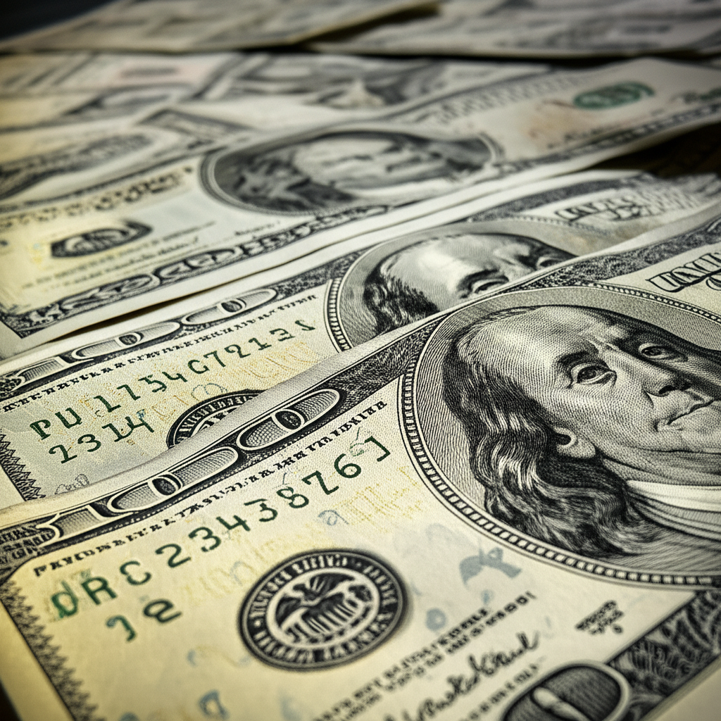Bulanık bir arka plan ile üst üste konulmuş ABD dolar banknotlarının fotoğrafı.