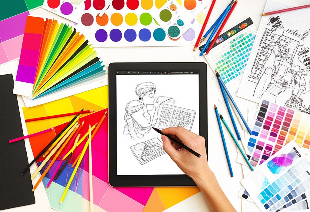 Bir grafik tasarımcısının tasarım araçları ve canlı bir renk paletiyle çevrili bir tablette çalıştığı fotoğraf.