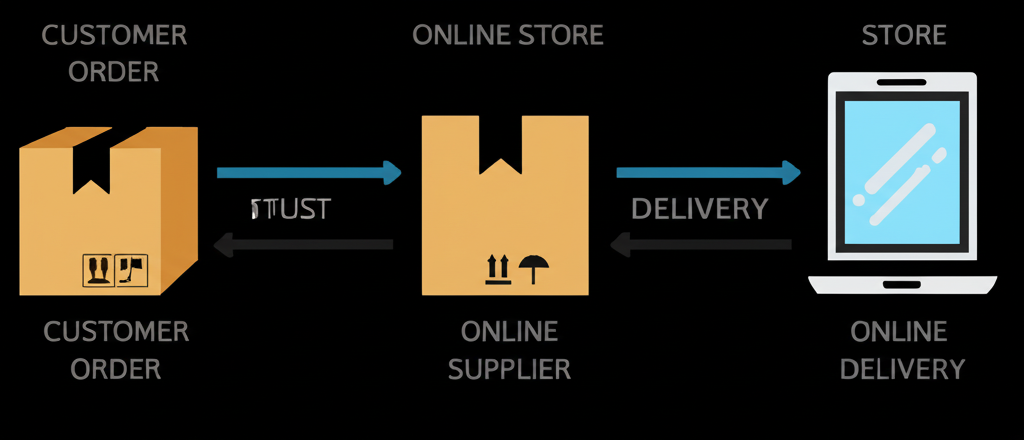 Müşteri siparişinden teslimata kadar bir dropshipping siparişinin basitleştirilmiş iş akışını gösteren grafik.