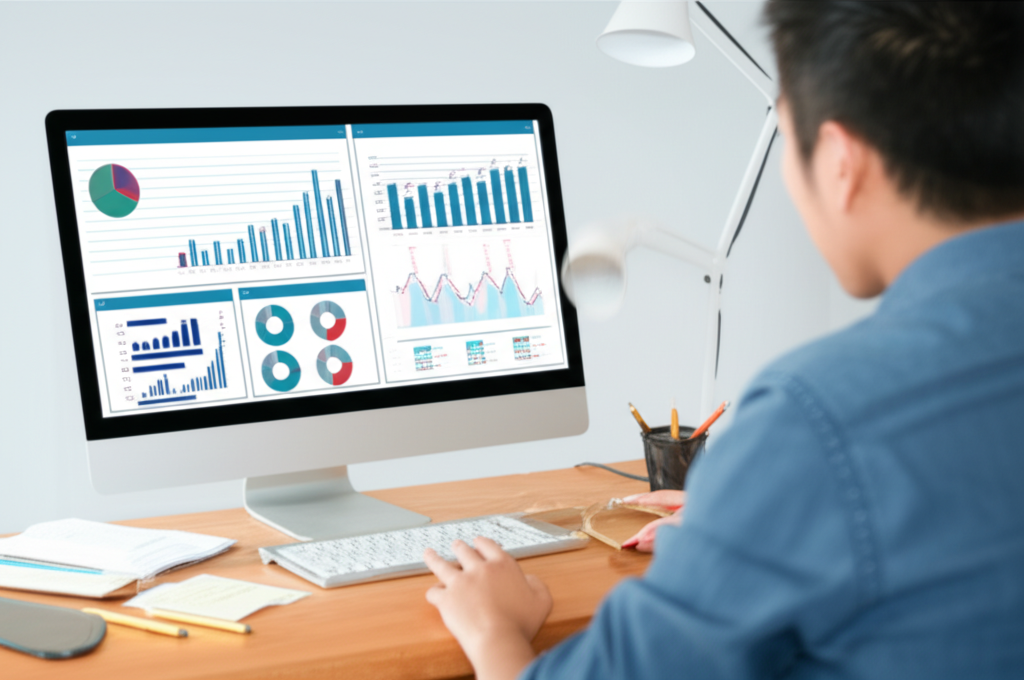 Başarılı bir dropshipping işletmesi için pazar araştırmasını temsil eden, bir kişinin bilgisayar ekranında verileri analiz ettiği bir görüntü.