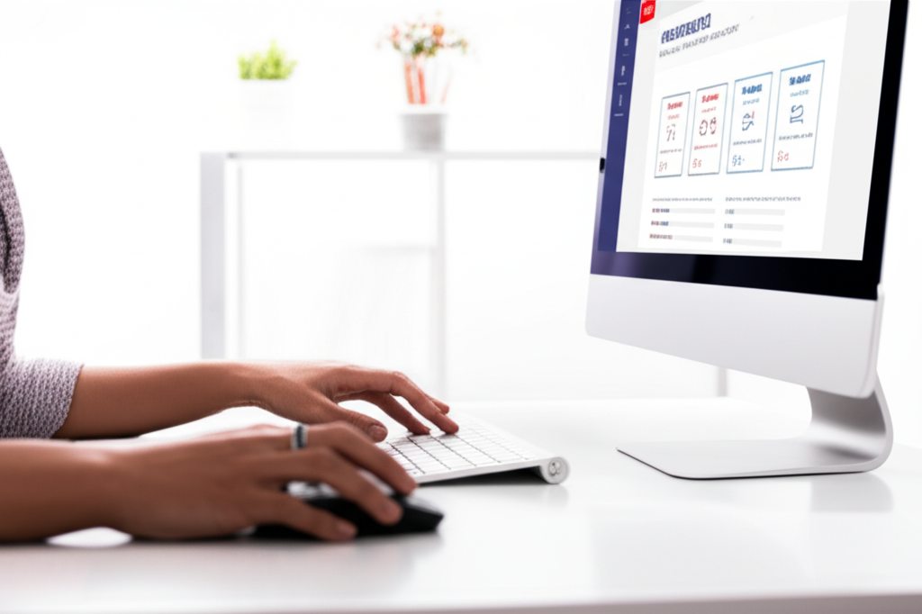 Bir kadının ellerinin bir bilgisayar ekranında web sitesi tasarladığının yakın çekim fotoğrafı.