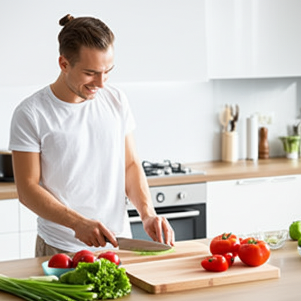 Modern bir mutfakta mutlu bir şekilde yemek pişiren kişi