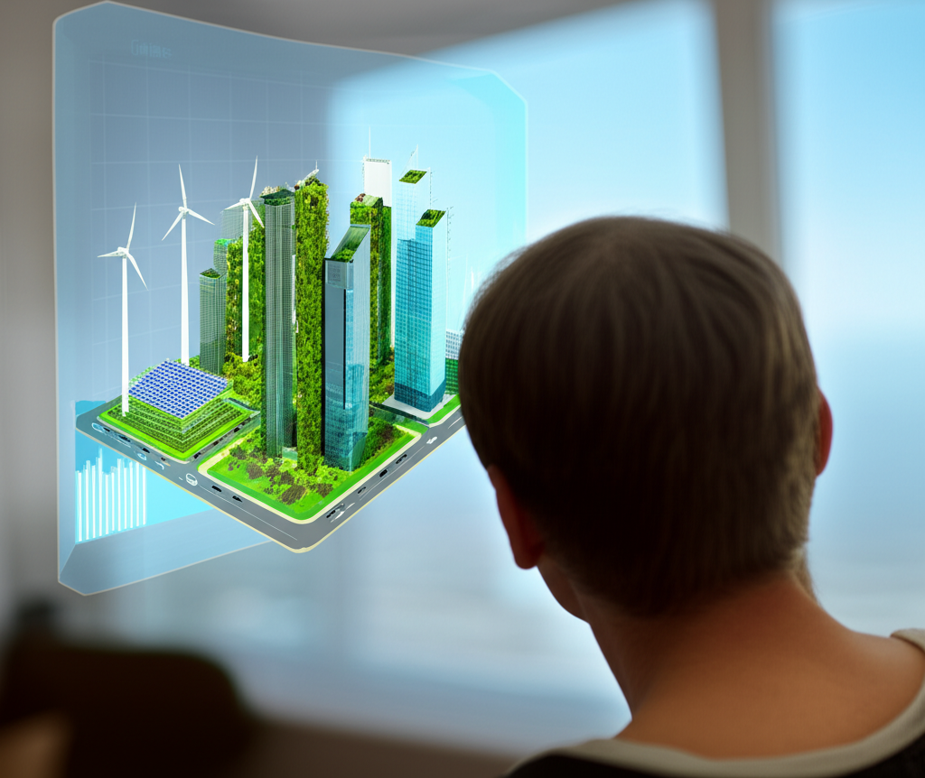 Holographic display showing a sustainable city