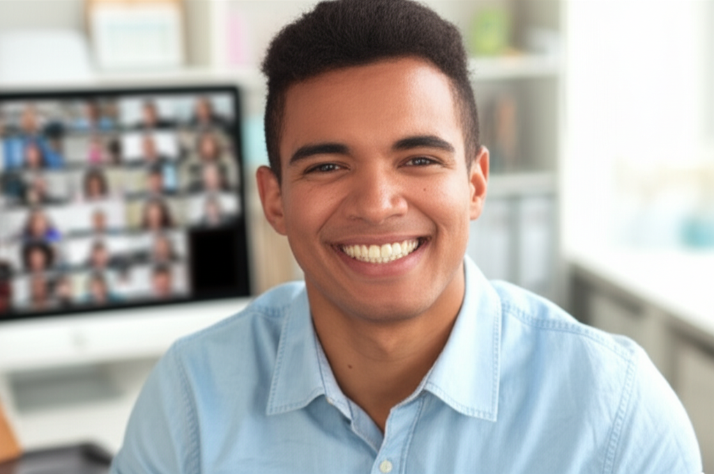 Bir kişinin online bir ders verdiğini, öğrencileriyle gülümseyerek ve etkileşimde bulunarak gösteren bir fotoğraf.