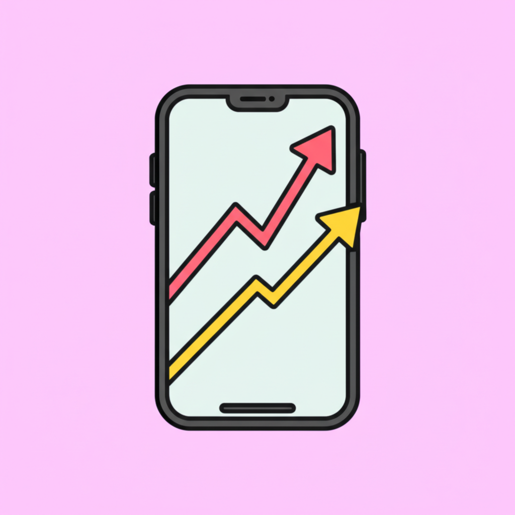 Sosyal medyada büyümeyi ve başarıyı temsil eden bir telefon ekranında yükselen trend çizgilerini gösteren stilize bir grafik.