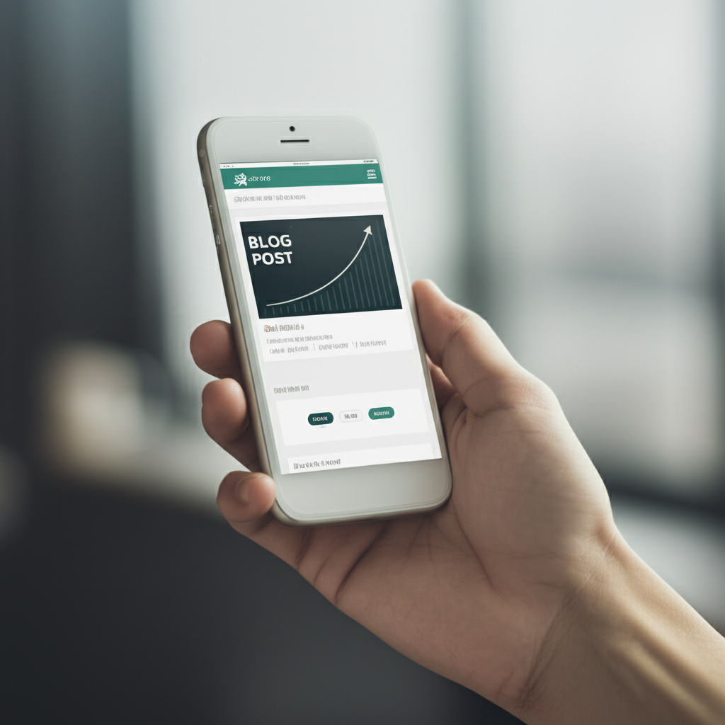Başarılı bir blog gönderisini gösteren bir akıllı telefonu elinde tutan bir el, yükselen web sitesi trafiğini gösteren bir grafikle.