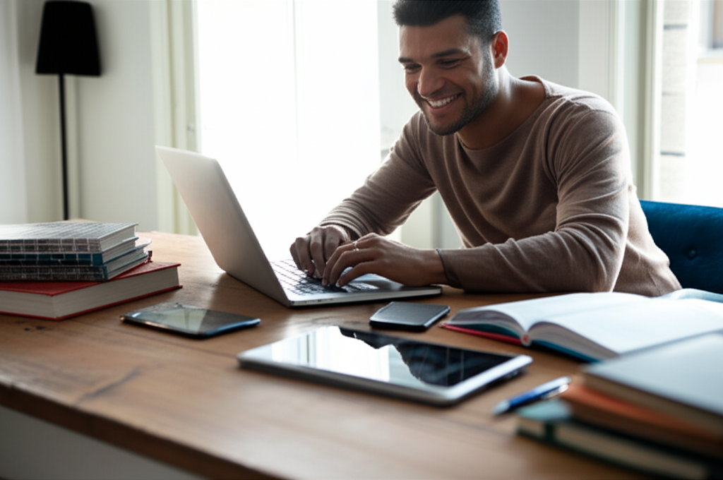 Person working on a laptop, surrounded by books and digital devices