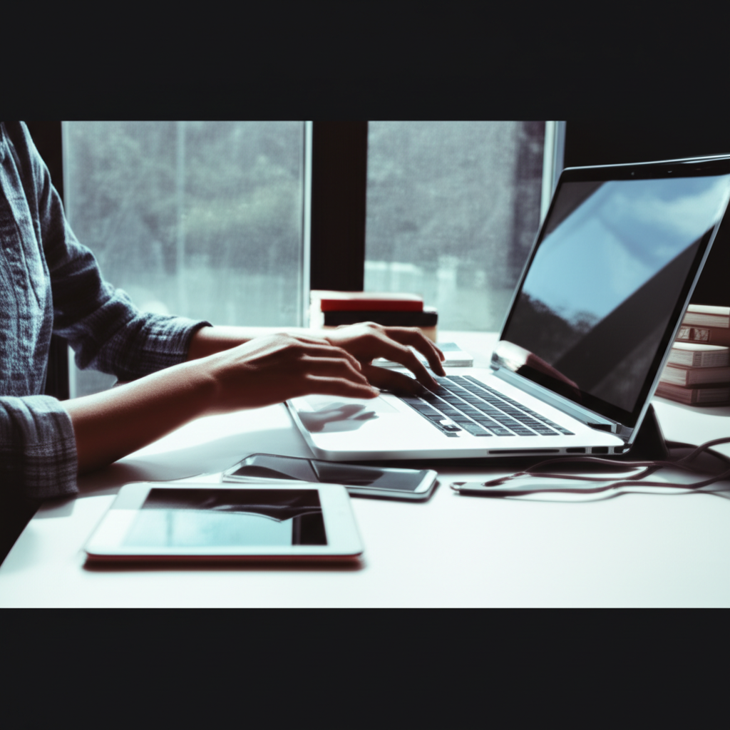 Çevresinde dijital cihazlar ve kitaplar bulunan aydınlık ve modern bir masada dizüstü bilgisayarda çalışan bir kişi, online iş ve dijital ürün oluşturmayı sembolize ediyor.