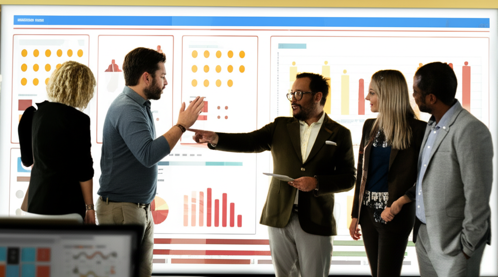 Team collaborating on sales data visualizations