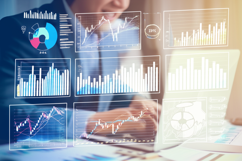 A person happily working on a laptop, surrounded by financial charts and graphs
