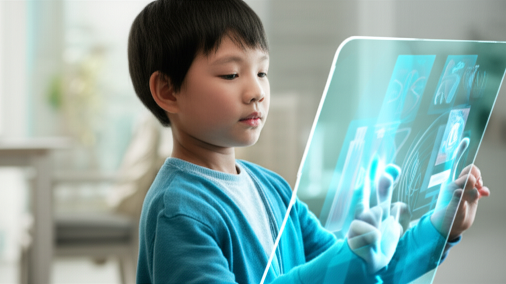 Bir çocuğun günlük hayatında teknolojinin sorunsuz entegrasyonunu gösteren holografik bir arayüzle doğal olarak etkileşim kurması