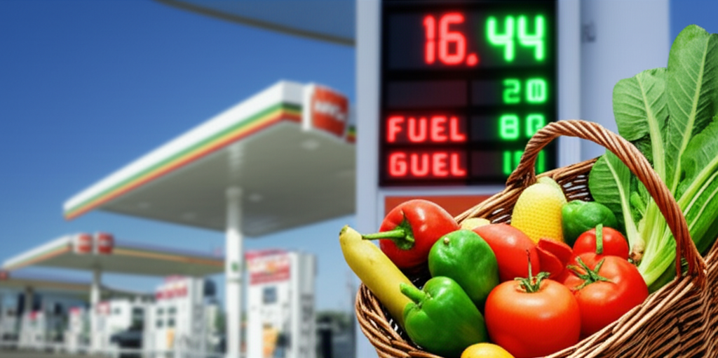 Bir benzin istasyonunda yükselen yakıt fiyatlarını gösteren bir görüntü, enerji maliyetlerinin gıda üretimini nasıl etkilediğini sembolize eder.