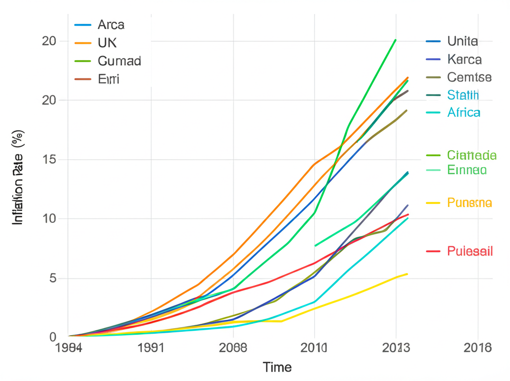 Farklı ülkelerde zaman içinde enflasyon oranlarını gösteren ve küresel eğilimleri vurgulayan bir grafik.