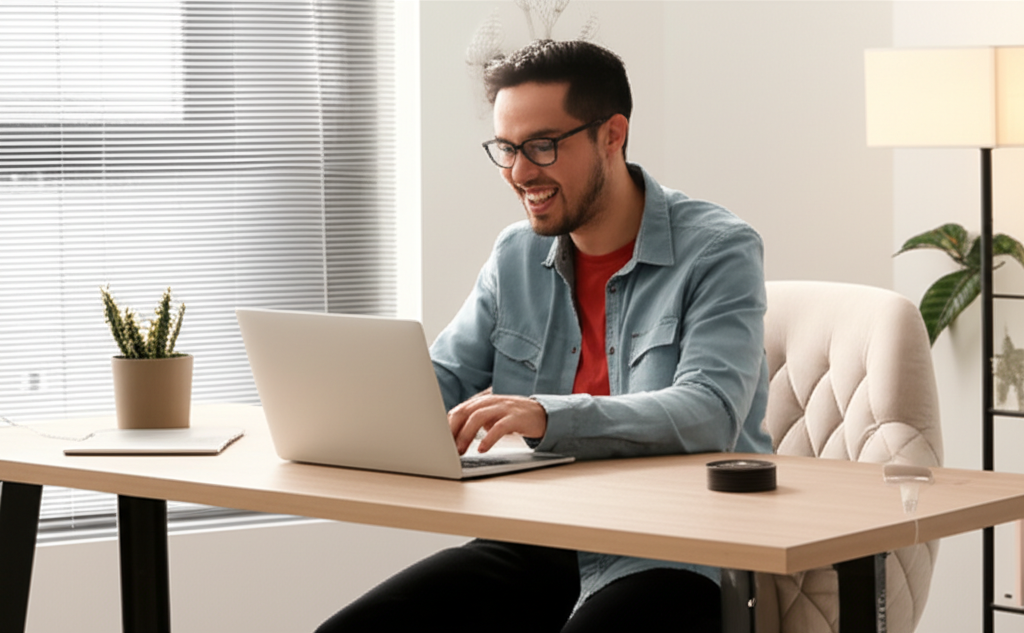 Modern ve konforlu bir ev ofisinde laptopta mutlu bir şekilde çalışan bir kişi.