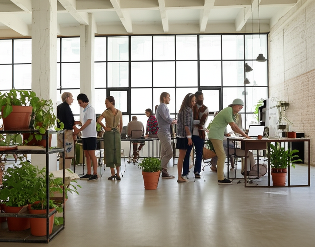 Çeşitli bir ekip, modern ve çevre dostu bir ofis alanında işbirliği yapıyor.