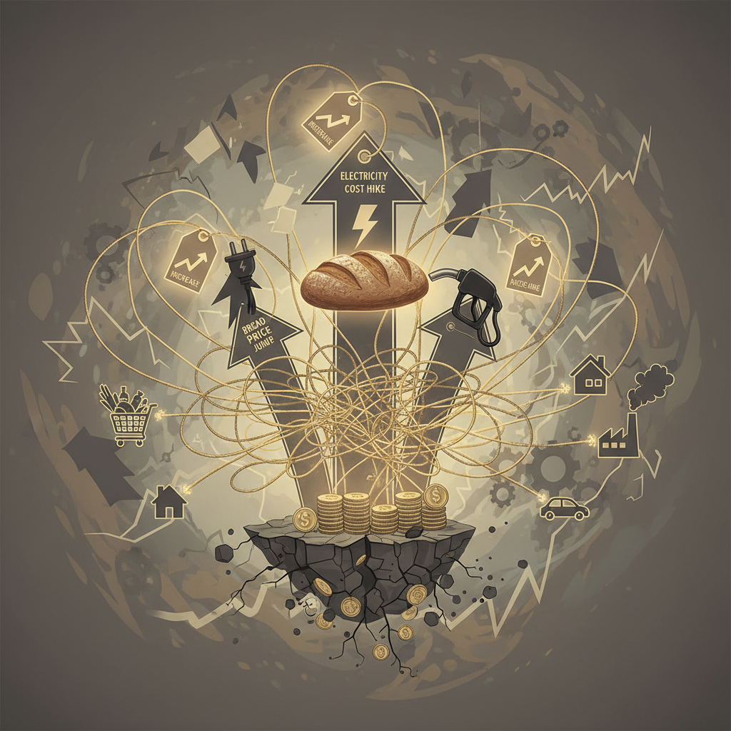 Ekmek, elektrik ve yakıt gibi temel ürünlerin fiyatlarındaki artışı temsil eden illüstrasyon, arka planda belirsiz bir ekonomiyi ima ediyor.