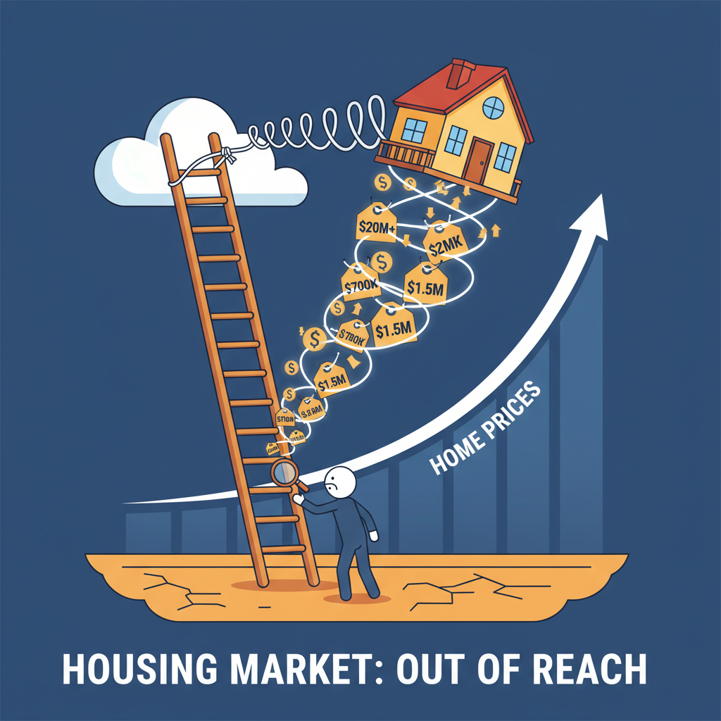 Ev fiyatlarındaki krizin görsel metaforu: Evi çıkmak giderek zorlaşan, etiketleri hızla yükselen bir merdiven. Stil: Bilgilendirici grafik benzeri.