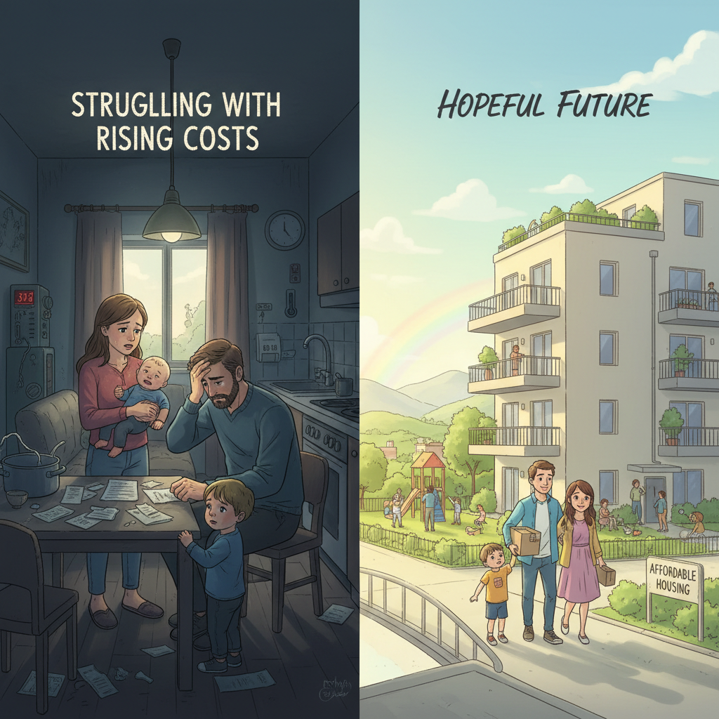 Artan faturalar ve kiralarla mücadele eden bir aileyi gösteren bölünmüş bir resim ile diğer tarafta umutlu ama uzak bir gelecek ve uygun fiyatlı konut görüntüsü. Stil: Gerçekçi ve duygusal çizim.