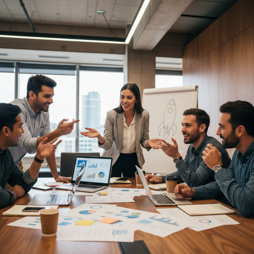Dijitalleşmeye odaklanmış, teknoloji kullanan KOBİ çalışanlarının iş birliği yaptığı modern bir ofis ortamı.