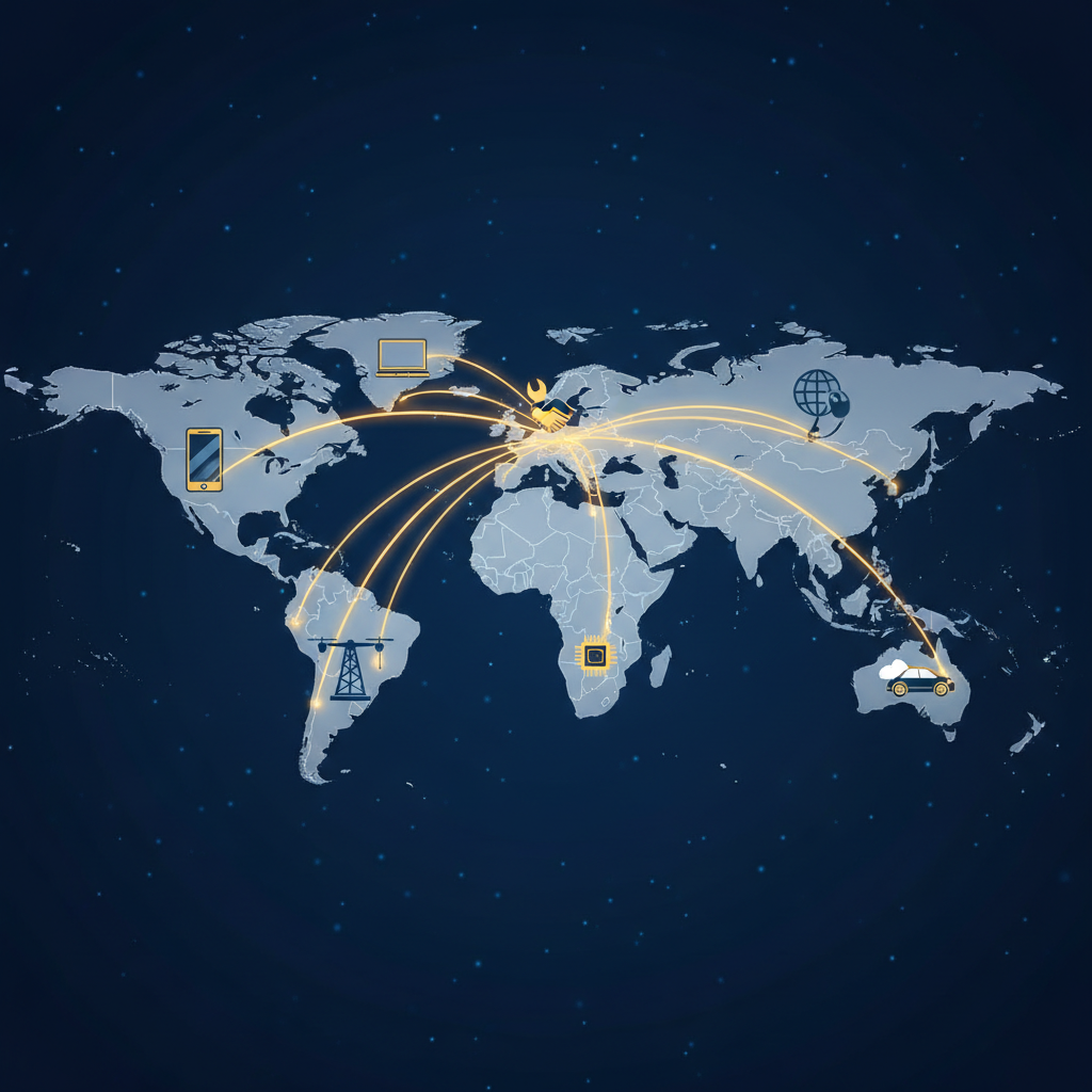 Türkiye'den dünyaya yayılan, çeşitli katma değerli ürünleri temsil eden ikonlarla zenginleştirilmiş ihracat rotalarını gösteren küresel bir harita.