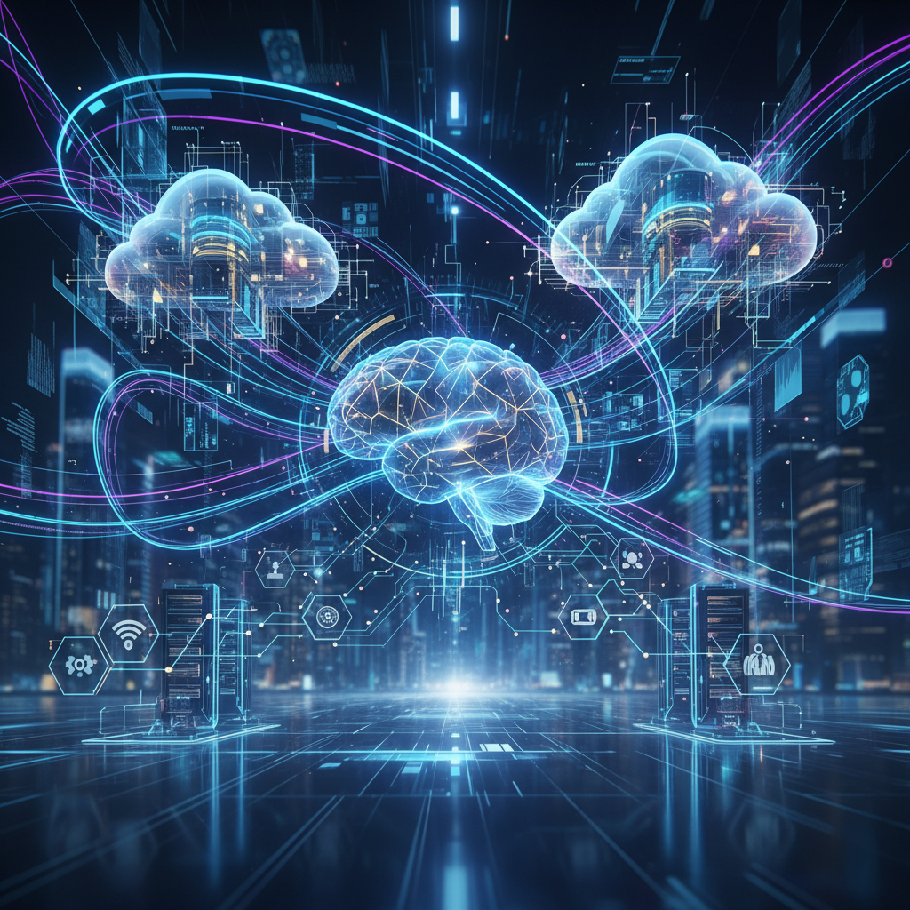 Yapay zeka, bulut bilişim ve IoT gibi dijital teknolojilerin akışını ve birbirine bağlılığını temsil eden soyut ve modern bir görsel.