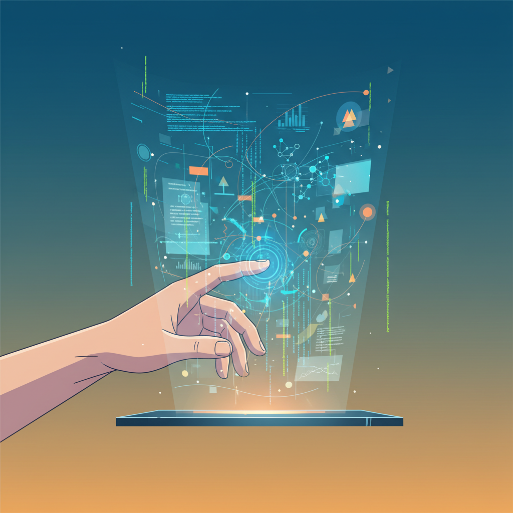 Karmaşık veri görselleştirmeleri ve kodları gösteren parlak holografik bir arayüzle etkileşimde bulunan bir insan elinin stilize edilmiş illüstrasyonu, veri bilimi ve yapay zekayı temsil ediyor.
