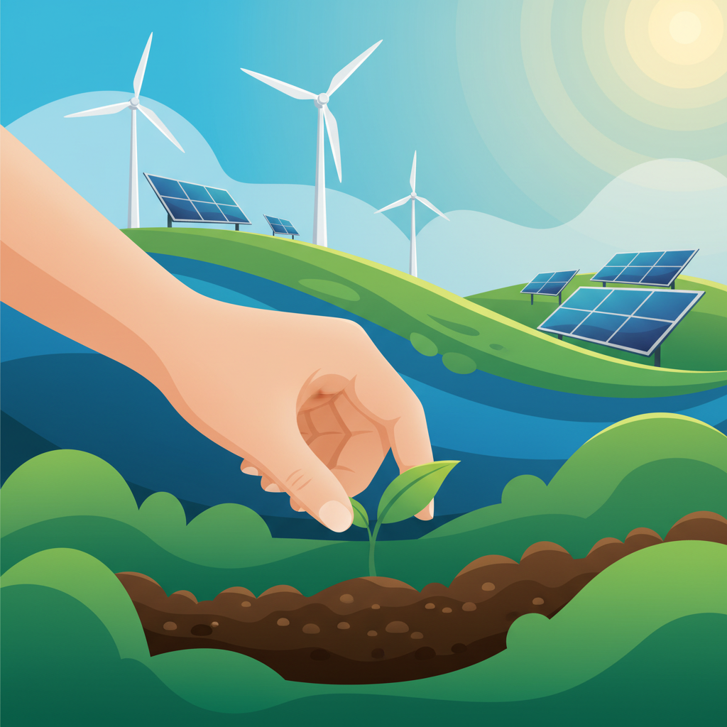 Rüzgar türbinleri ve güneş panellerinin arka planda göründüğü verimli toprağa fidan diken bir eli tasvir eden canlı ve temiz bir illüstrasyon, sürdürülebilirlik ve yeşil teknolojiyi simgeliyor.