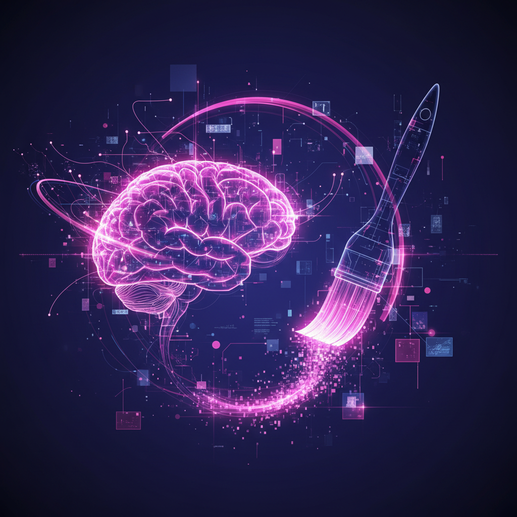 Yaratıcılık ve teknolojinin kesişimini temsil eden soyut ve dinamik bir görsel, stilize bir beyin ve dijital bir fırça oluşturan akan ışık çizgileriyle, yaratıcı endüstrileri ve dijital deneyimleri simgeliyor.