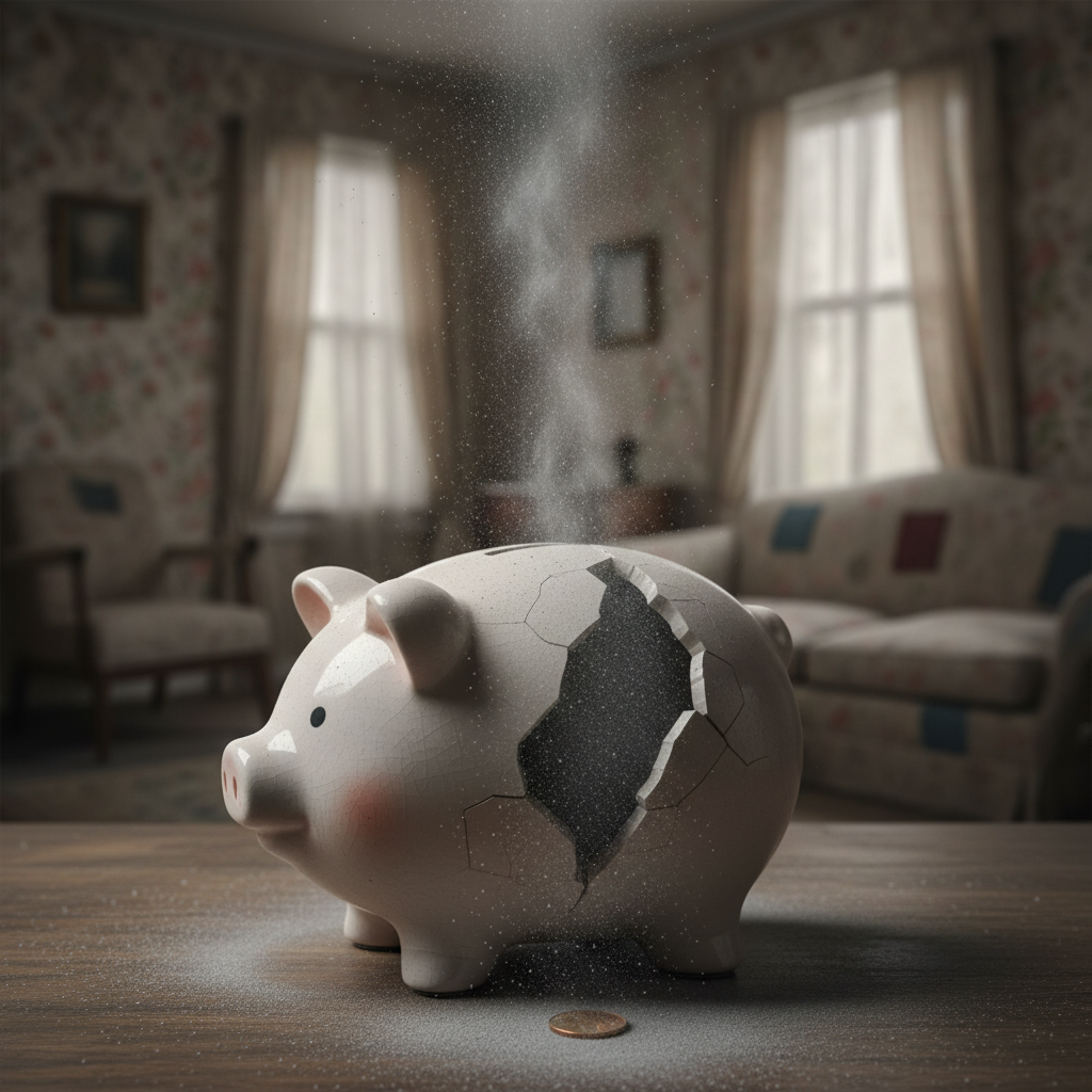 A cracked piggy bank with only a tiny coin, representing a family's dire financial situation.