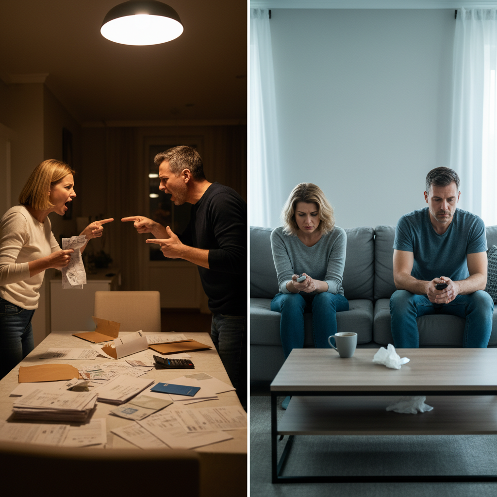A couple arguing over bills, and then sitting separately and unhappy, illustrating marital strain caused by financial problems.