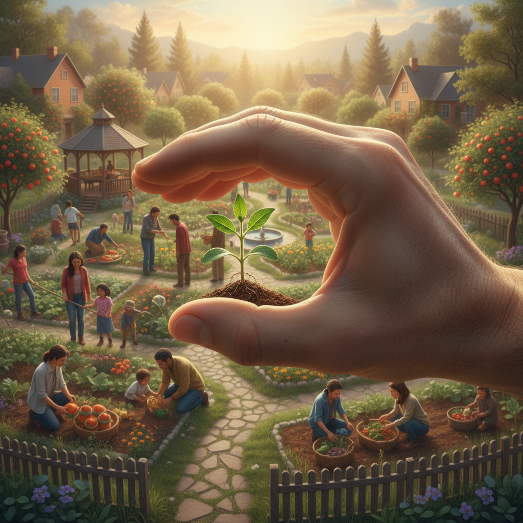 A hand supporting a fragile seedling, symbolizing community support for struggling families.
