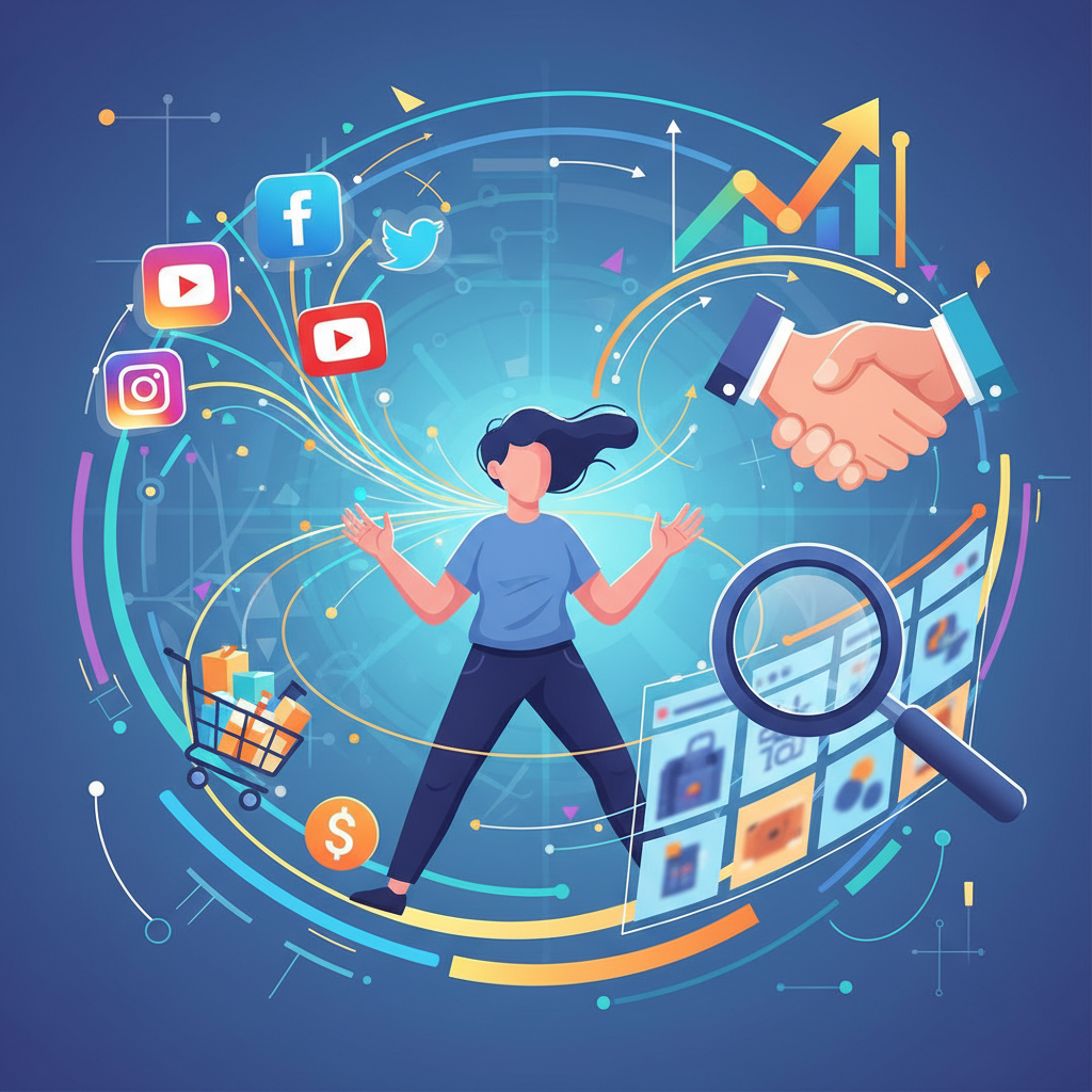 Sosyal medya ikonları, alışveriş sepeti ve işbirliğini simgeleyen bir el sıkışma ile affiliate marketingi temsil eden dinamik bir illüstrasyon.