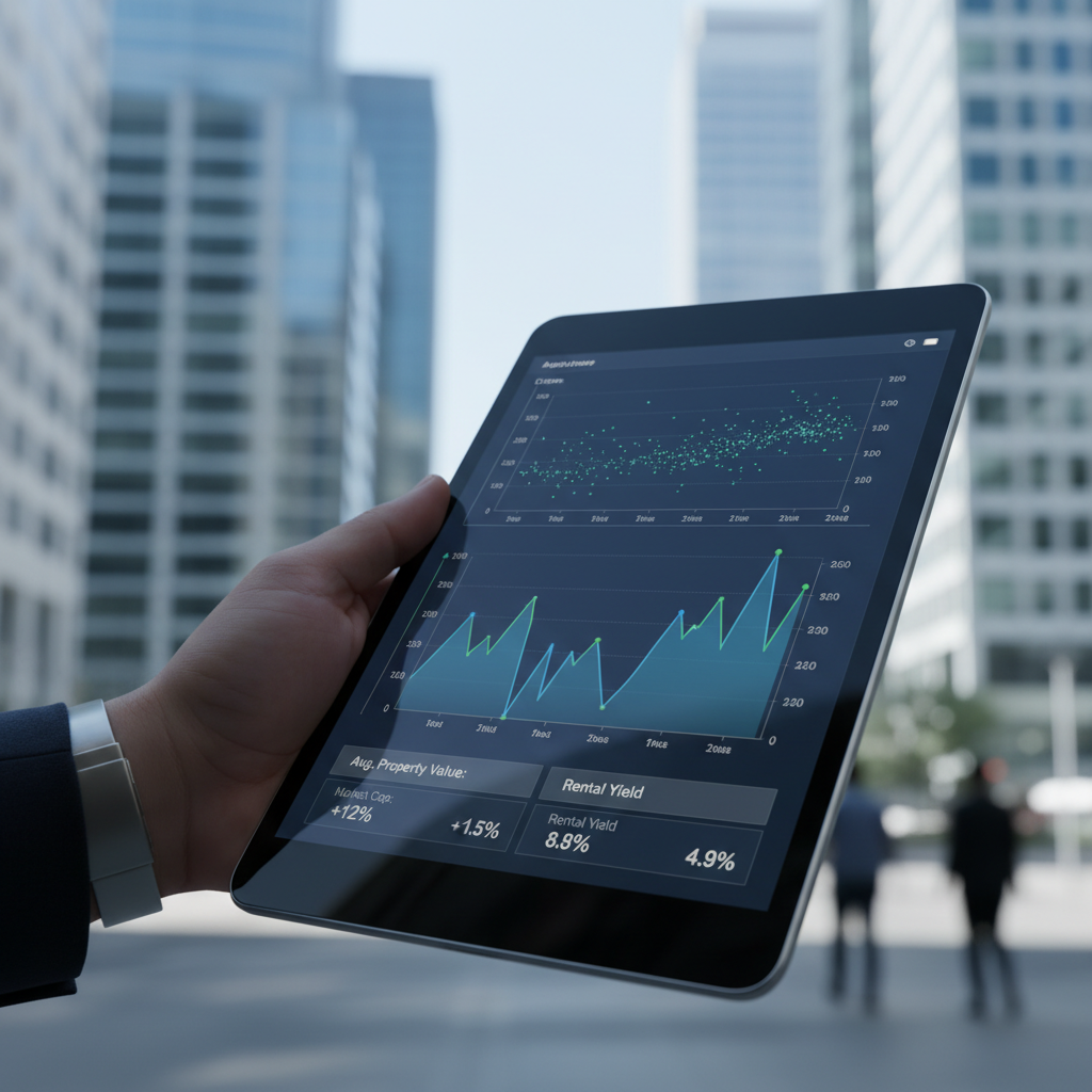 Dijital bir tablette finansal grafik ve gayrimenkul verilerini tutan el, profesyonel karar verme sürecini temsil ediyor.