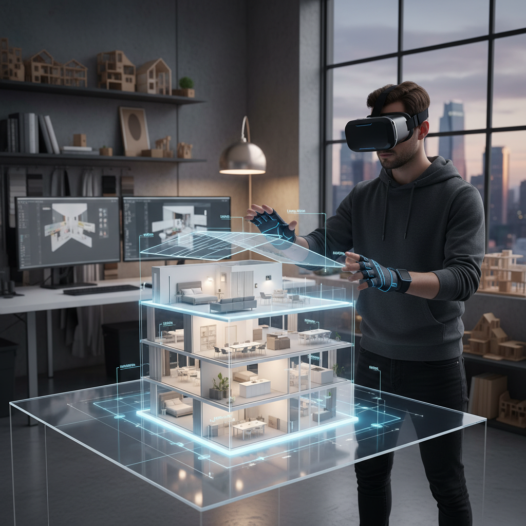 VR gözlüğü takan bir kişinin masadaki bir binanın 3D modeliyle etkileşimde bulunduğu, artırılmış gerçeklik ile iç detayların ve mobilya düzenlemelerinin görüldüğü bir sahne.