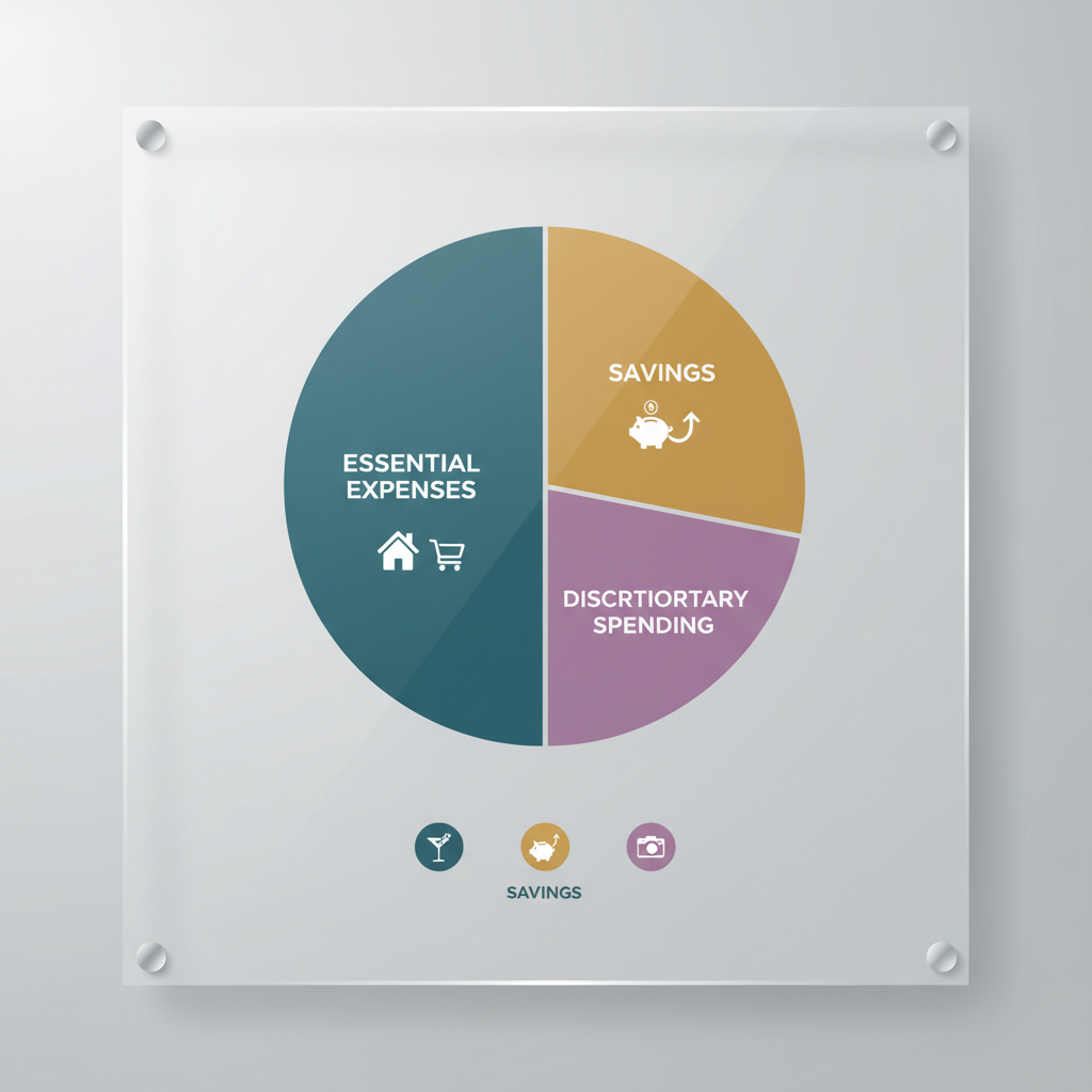 Bütçe tahsisini gösteren modern bir infografik, farklı renkli dilimlerle temel harcamalar, birikimler ve isteğe bağlı harcamalar.