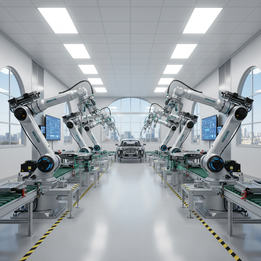 Temiz ve modern bir fabrika zemini, otomatik üretim hattında montaj görevleri yapan çeşitli robot kolları, parlak aydınlatma, keskin odak, endüstriyel estetik.
