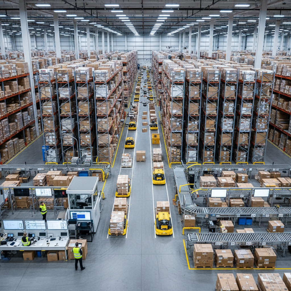 Otonom yönlendirmeli araçların (AGV'ler) paletleri taşıdığı ve drone'ların paketleri ayırdığı yoğun bir lojistik deposu, düzenli raflar, verimli operasyon, kuşbakışı görünüm.