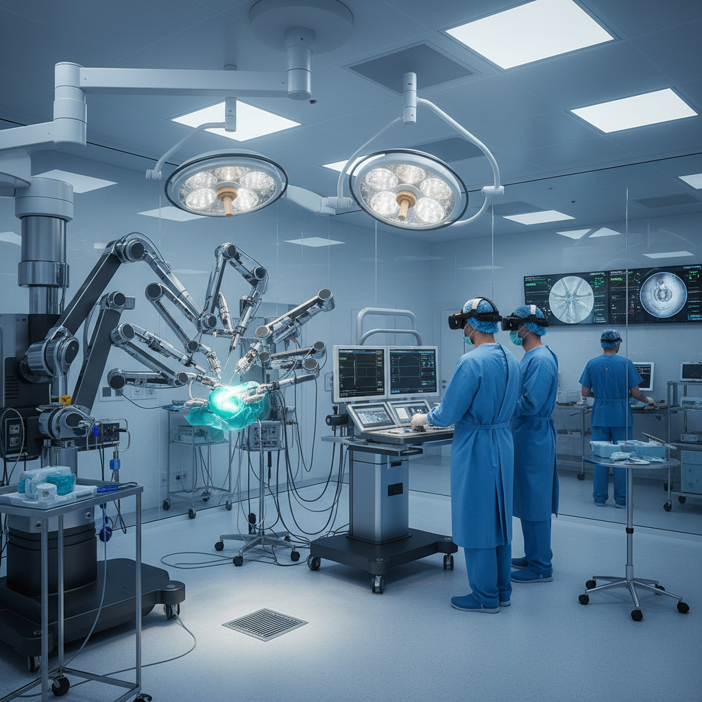 Steril bir ameliyathanede hassas bir ameliyat yapan son derece gelişmiş bir cerrahi robot, cerrahi ışıklarla aydınlatılmış, bir sağlık ekibi izliyor.