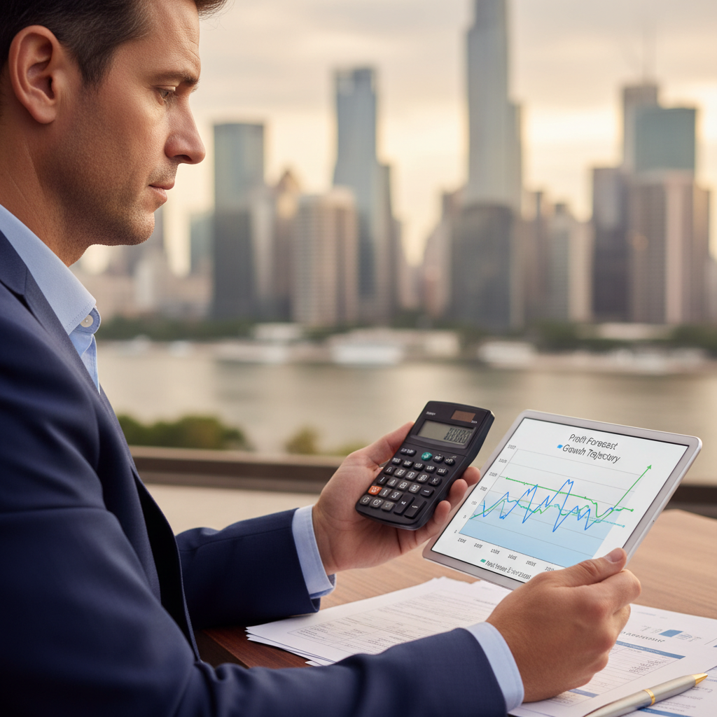Finansal projeksiyonları gösteren bir hesap makinesi ve grafiğe düşündüğüm bir şekilde bakan bir kişi.