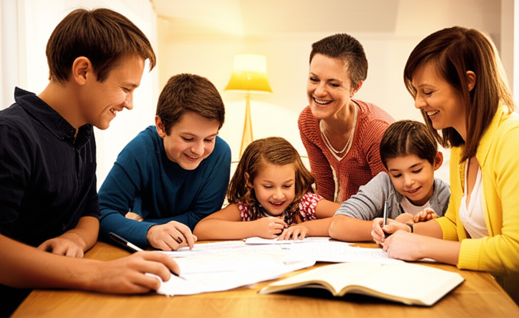 Bir aile masanın etrafında oturmuş, birlikte bütçe planlıyor.