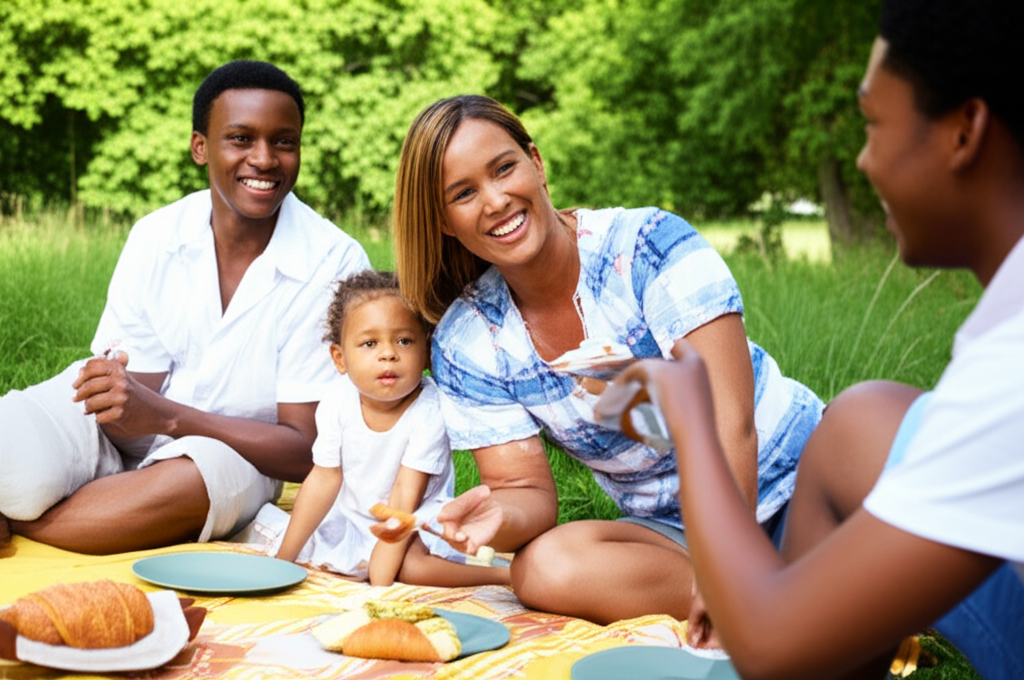 Bir aile doğada piknik yapıyor.