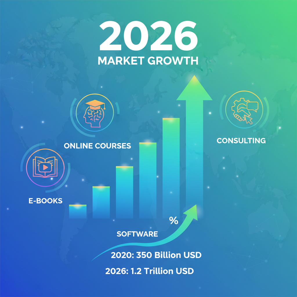E-kitapları, çevrimiçi kursları, yazılımları ve danışmanlığı temsil eden simgelerle, 2026 tarihinin belirgin olduğu dijital ürün ve hizmetler pazarının büyümesini gösteren canlı bir infografik.