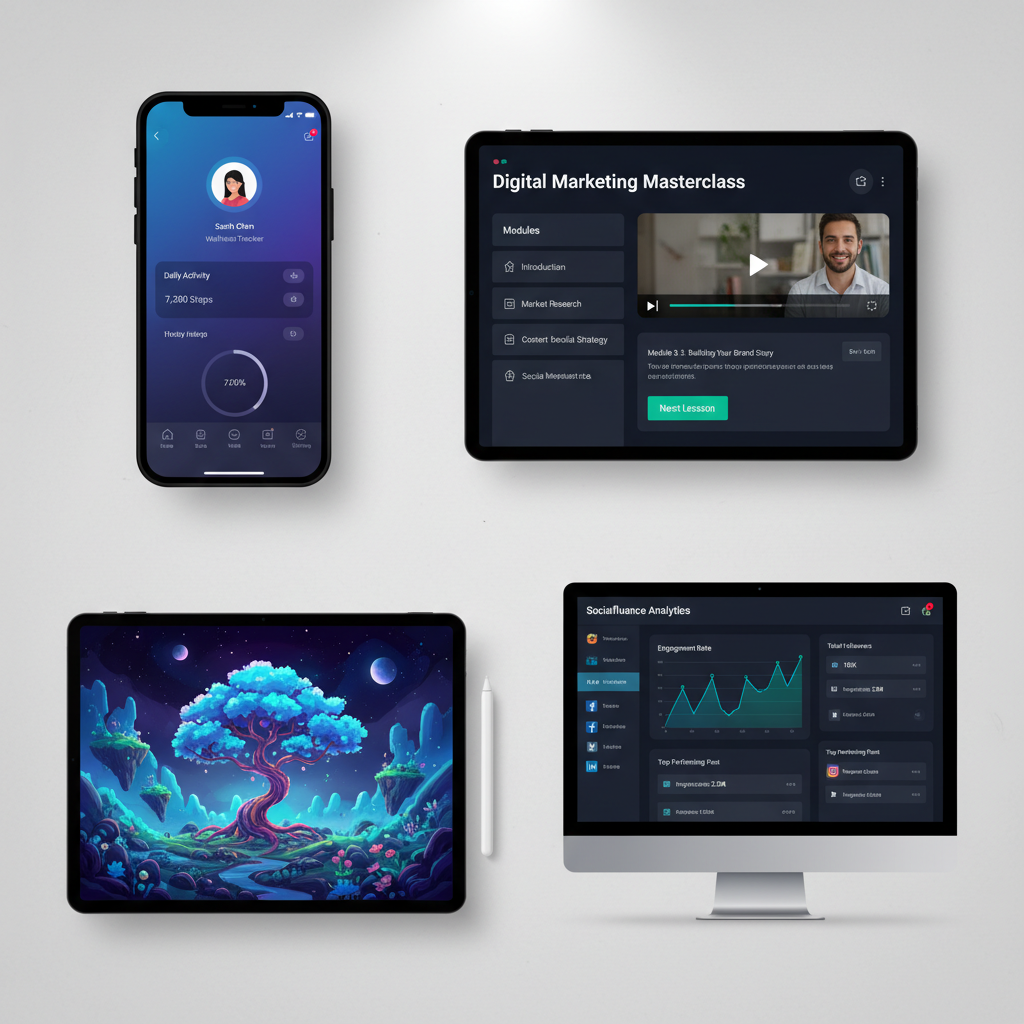 Şık bir mobil uygulama arayüzü, profesyonel görünümlü bir çevrimiçi kurs modülü, yaratıcı bir dijital sanat eseri ve bir sosyal medya pazarlama kontrol paneli gibi çeşitli dijital ürün örneklerinin bir kolajı.