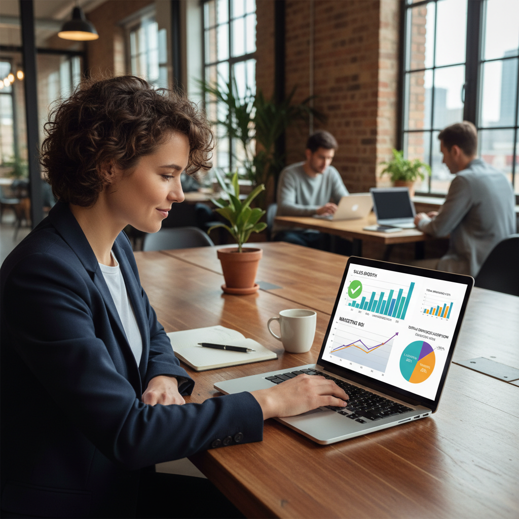 Dijital hizmetler için başarılı satış ve pazarlama stratejilerini gösteren grafikler ve şemaların ekranda göründüğü modern bir ortak çalışma alanında dizüstü bilgisayar başında çalışan bir kişi.