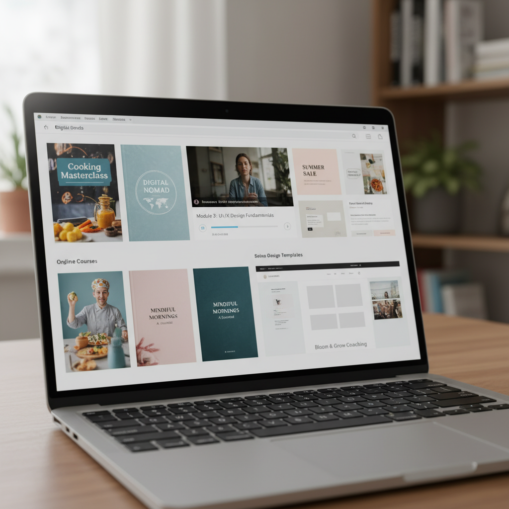 Dijital ürünlerin sergilendiği bir laptop ekranının yakın çekimi.