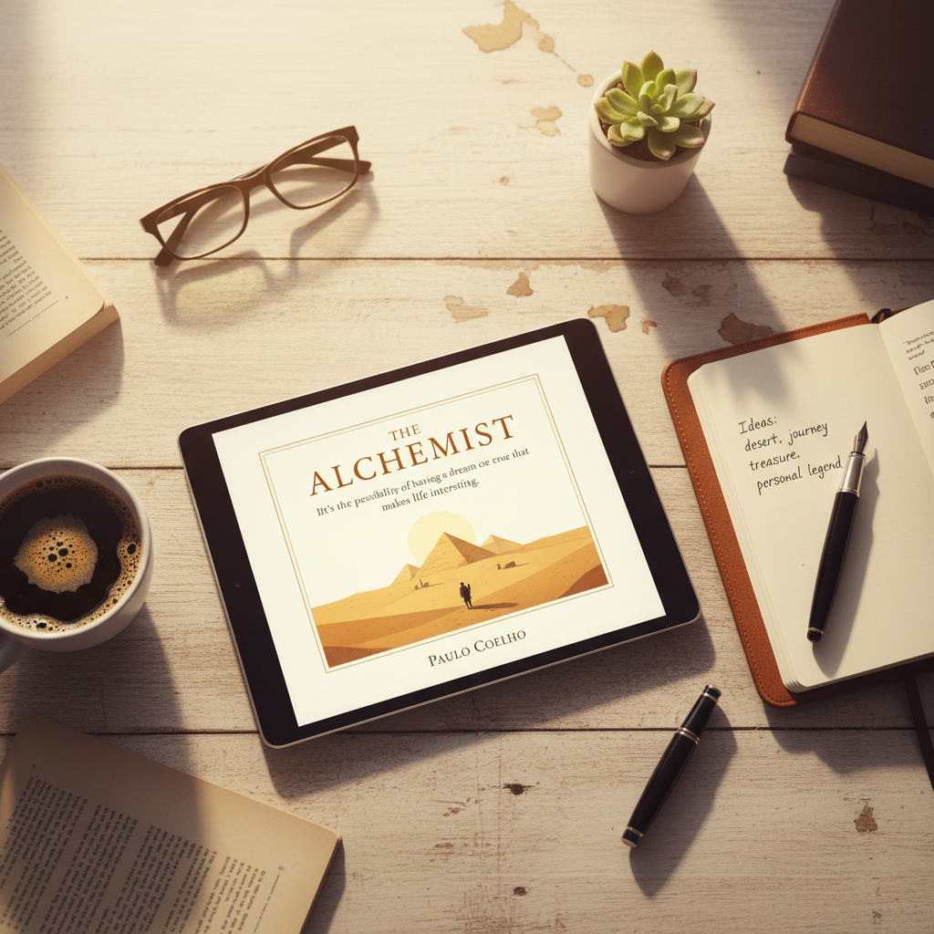 Tablet üzerinde açık bir e-kitap, not defteri ve kalem bulunan bir masanın üstten görünümü.